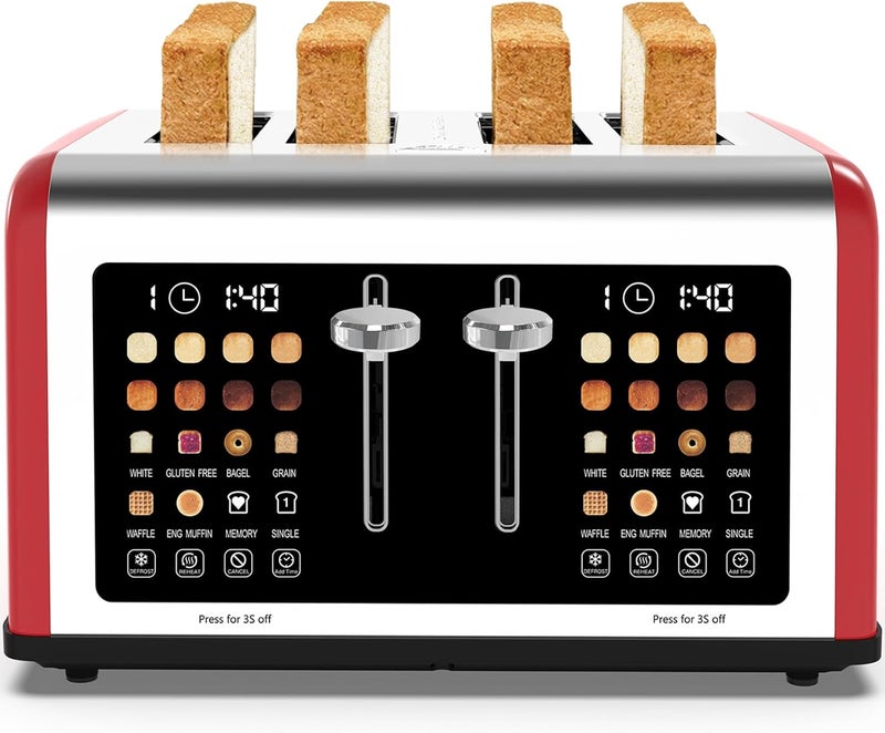 Clixane 4 Slice Toaster Touch Screen, Stainless Steel Toasters Digital Timer, Dual Control Panel Toasters, 8 Shade Settings 6 Bread Types for Bagel, Cancel, Defrost 1650W Red - Image 2